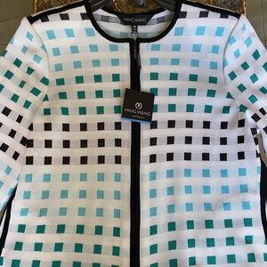 Ming Wang blue, green, black, and white sweater